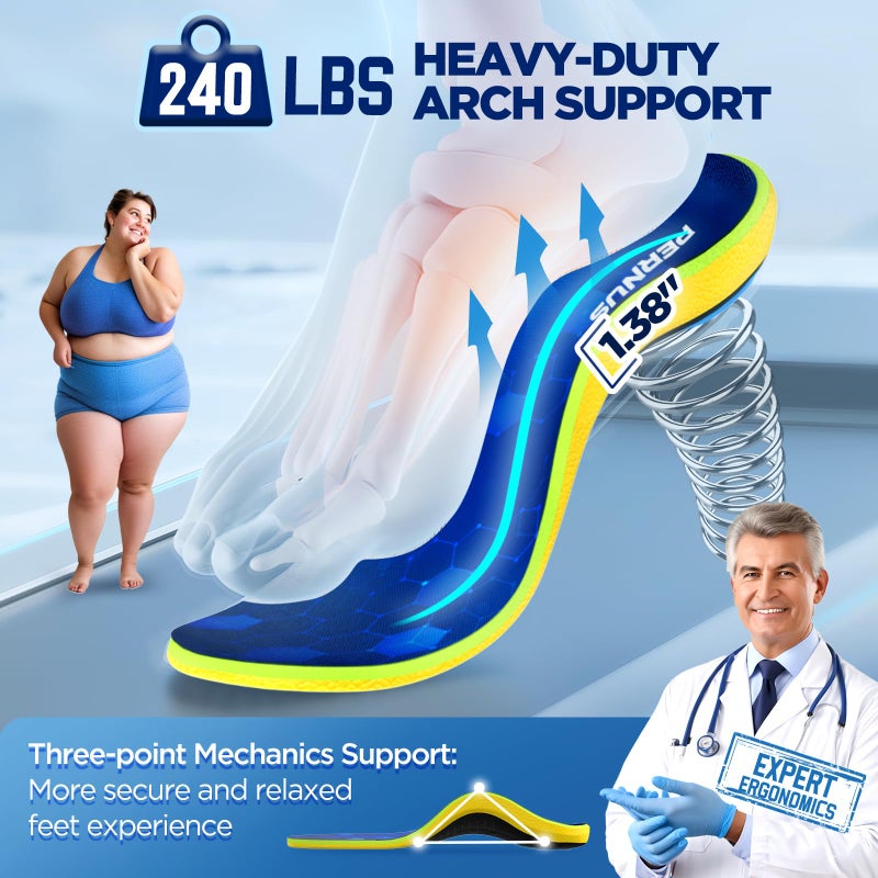Pernus 240+lbs Plantar Fasciitis Relief Insoles Men  Comfort PORON Shoe Inserts for Women  Heavy Duty High Arch Support Inserts for Pain Relief Absorb Shock  Work Boot Orthotic Insoles Flat Feet & Pronation - Image 4